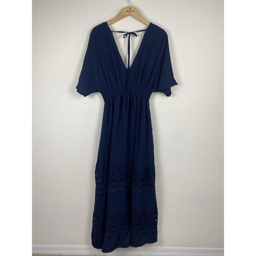 Baltic Born L Vera Maxi Dress In Navy Blue Sheer Lace Trim Romantic Boho - Picture 4 of 6